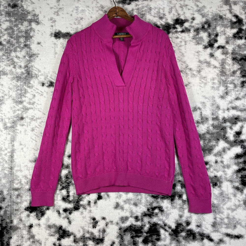 Lauren Ralph Lauren Sweater Womens Size Large Pink/Purple Cable Knit V-Neck